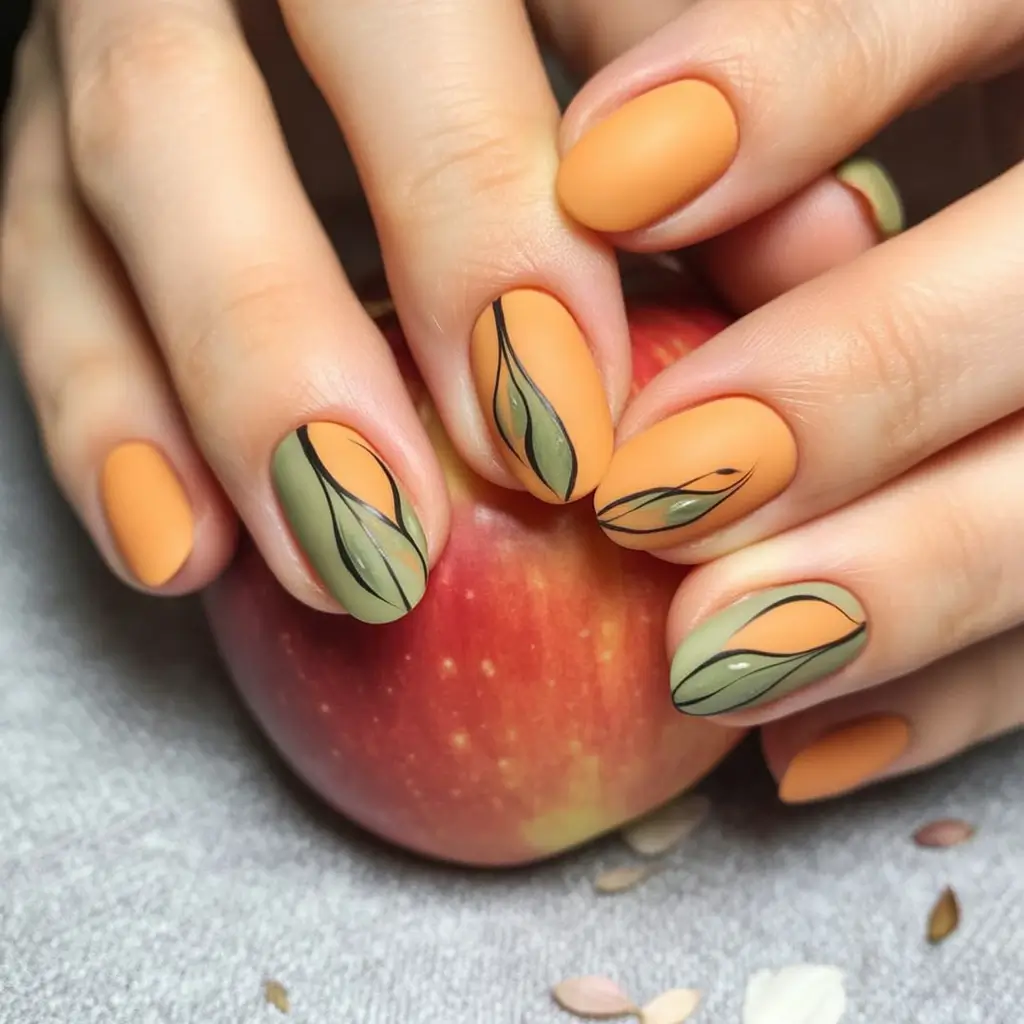Stylish Fall Oval Shape Nail Designs 2025 Matte Autumn Leaves Oval Nails