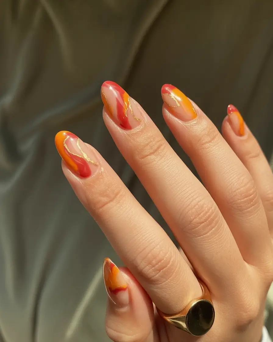 Stylish Fall Oval Shape Nail Designs 2025 Fiery Autumn Marble