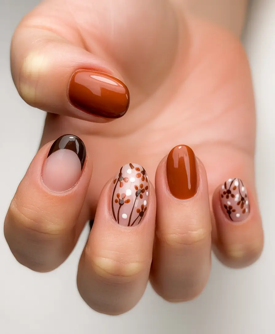 Stylish Fall Oval Shape Nail Designs 2025 Autumn Florals with Earthy Browns