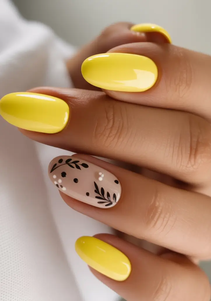 Stylish Fall Oval Shape Nail Designs 2025 Sunny Yellow with Botanical Accent