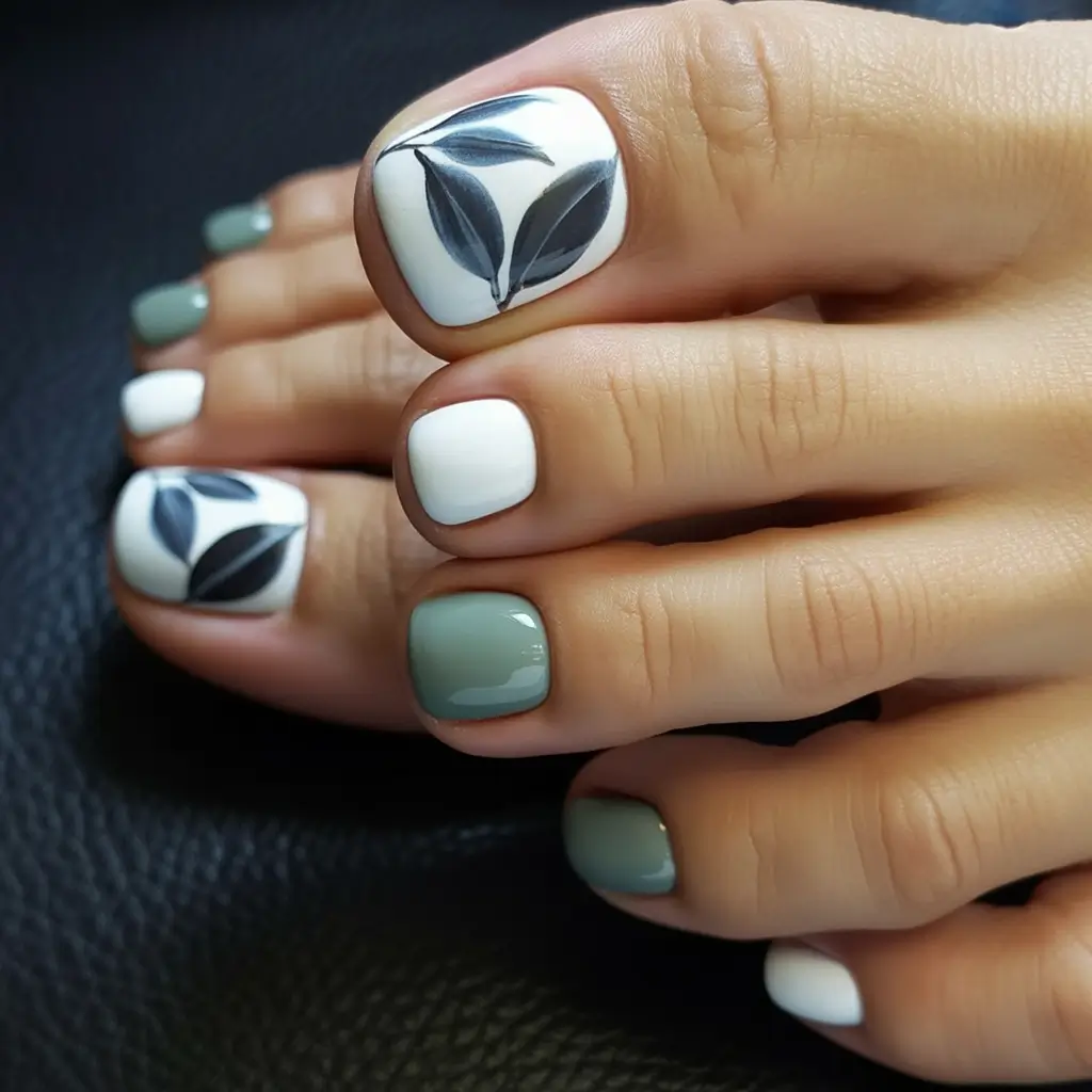 Stylish Minimalist Fall Nails 2025 Muted Green and White with Leaf Art