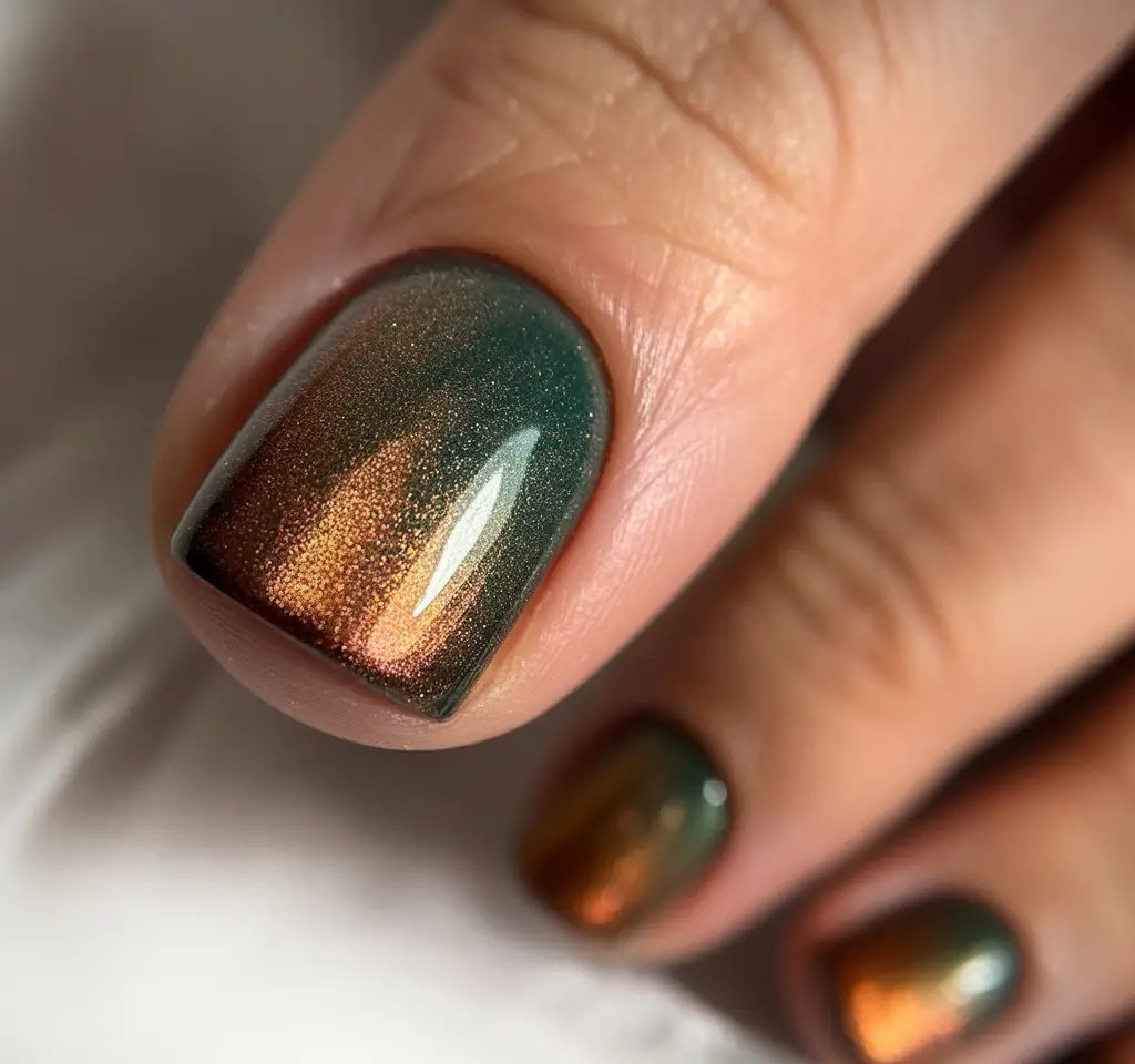 Stylish Minimalist Fall Nails 2025 Metallic Green-Bronze Gradient