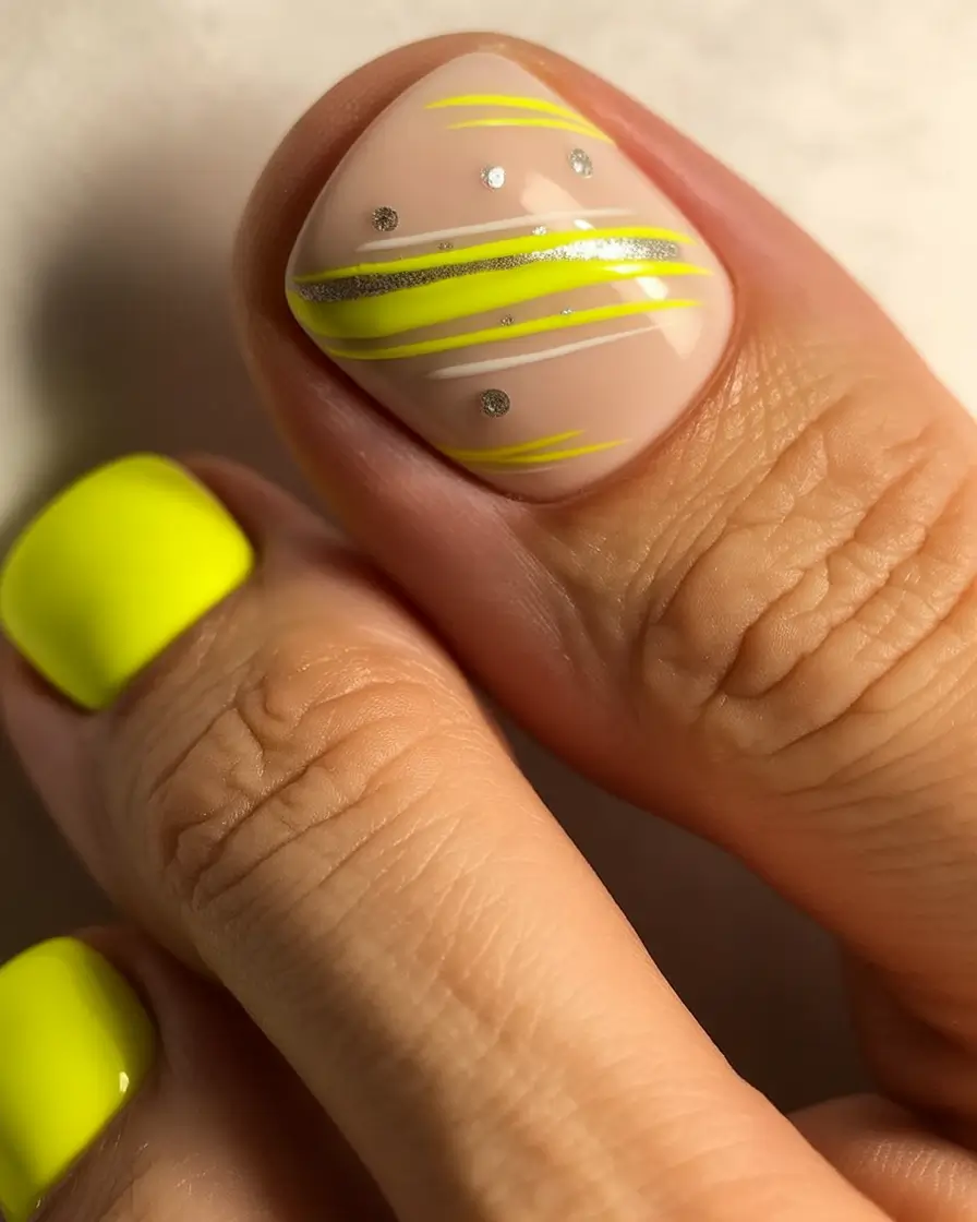 Stylish Minimalist Fall Nails 2025 Lime Neon Accents with Silver Flickers
