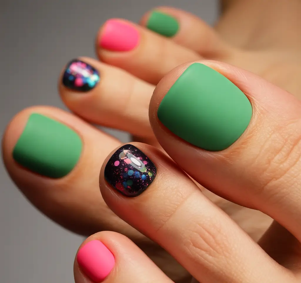 Stylish Minimalist Fall Nails 2025 Playful Green and Pink Contrast