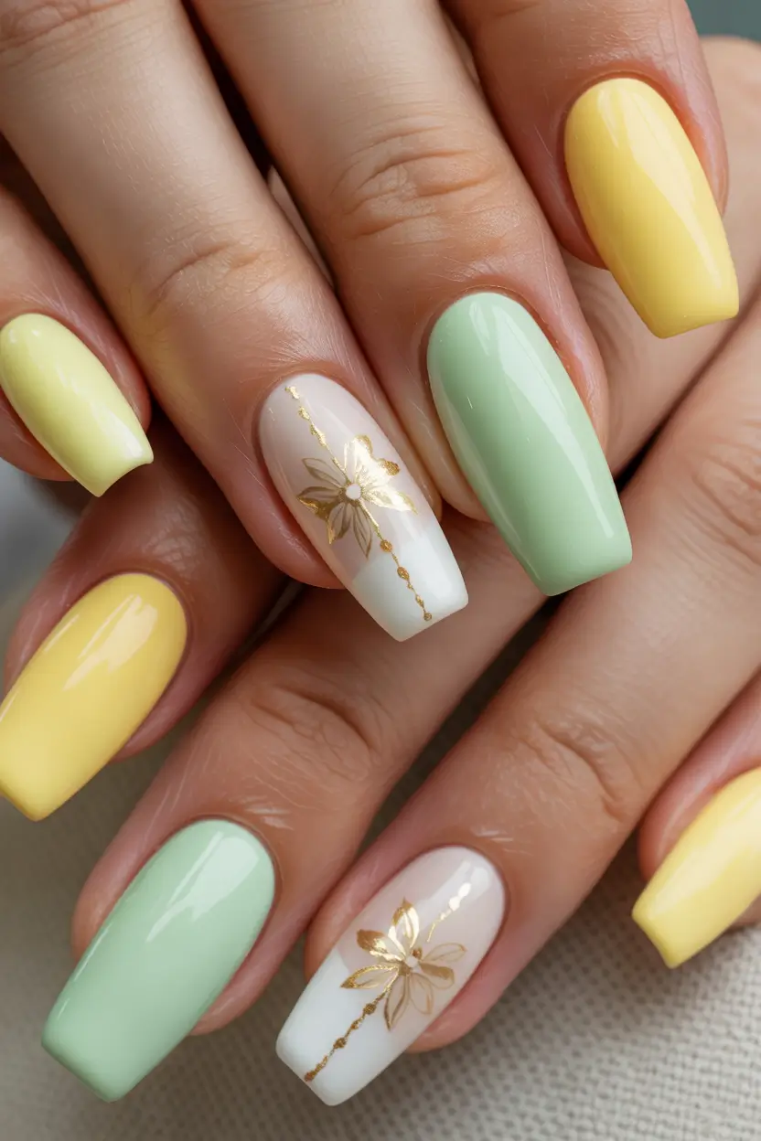 Stylish Neutral Fall Nails 2025 Soft Pastel Mix with Golden Florals