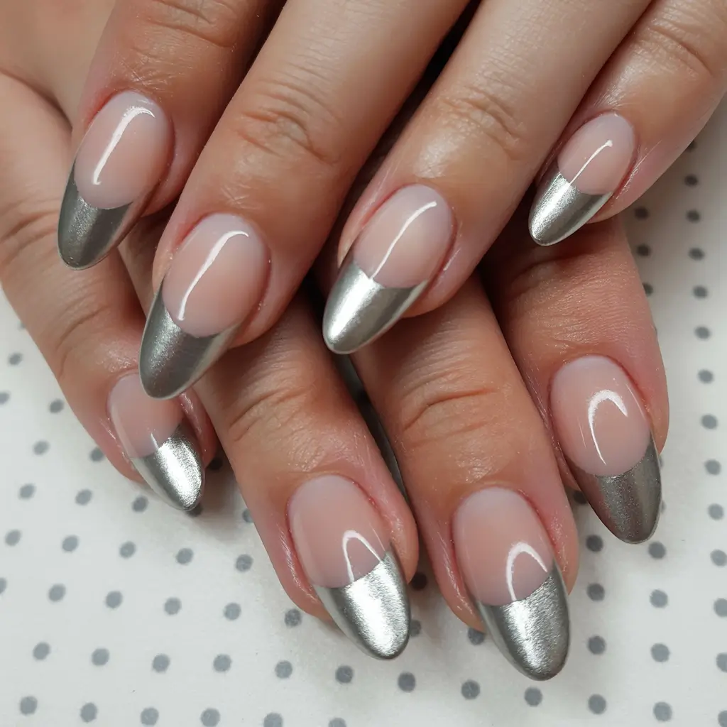 Stylish Neutral Fall Nails 2025 Silver Metallic French Almond