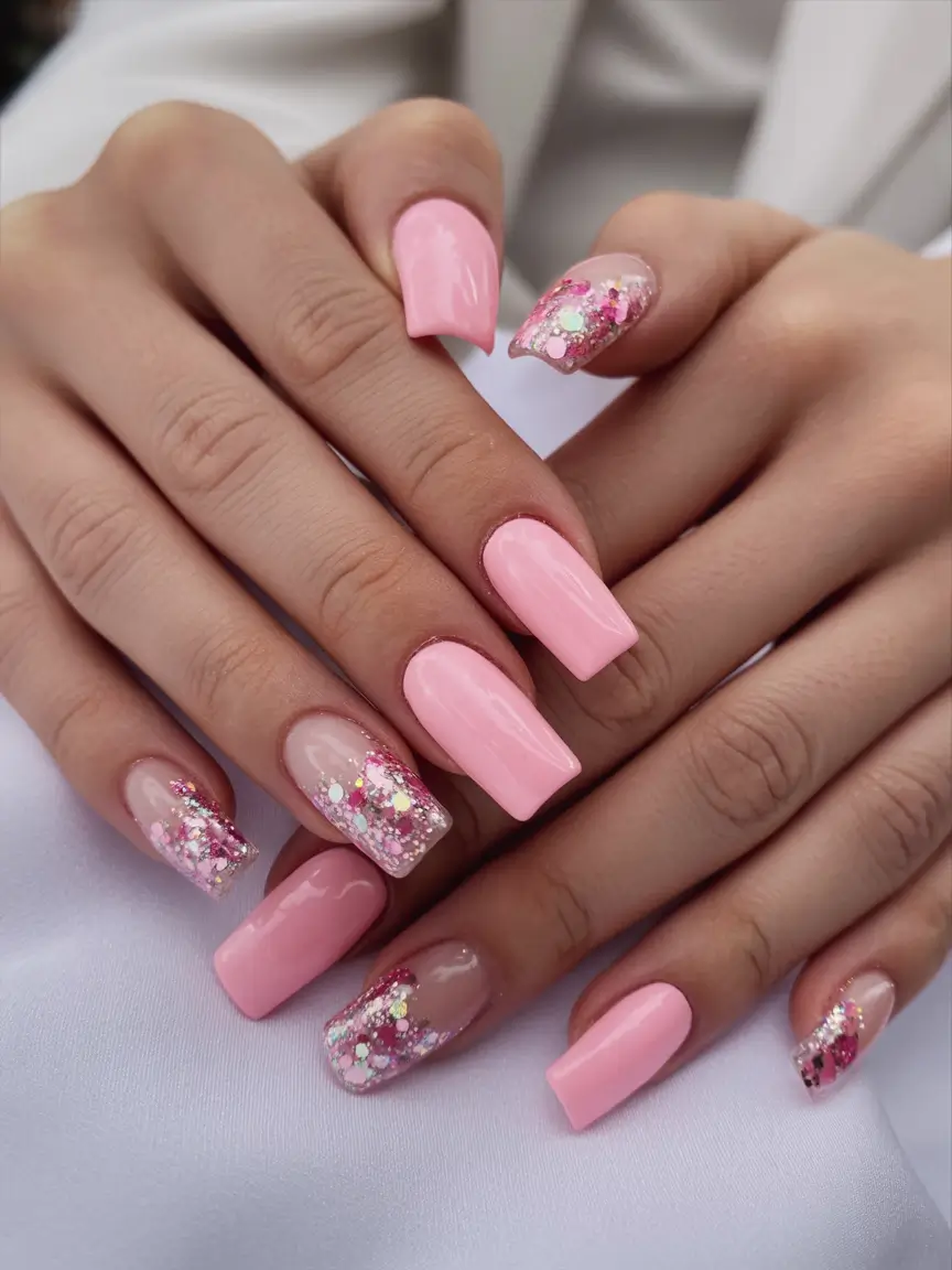 Stylish Neutral Fall Nails 2025 Soft Pink Elegance with Glitter Accents