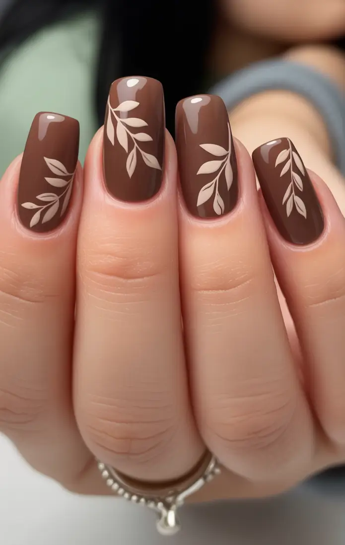 Stylish Neutral Fall Nails 2025 Chocolate Brown with Leafy Accents