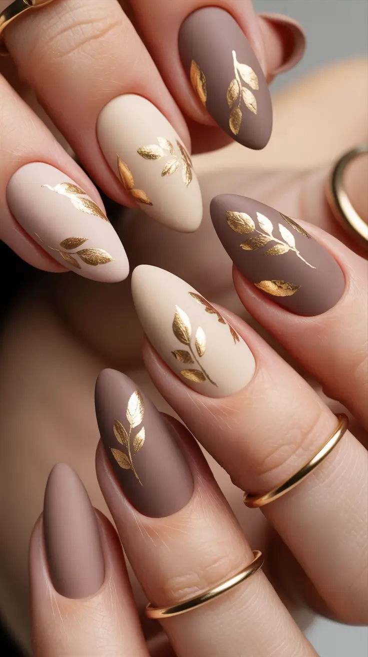 Stylish Neutral Fall Nails 2025 Matte Neutrals with Golden Leaf Detailing