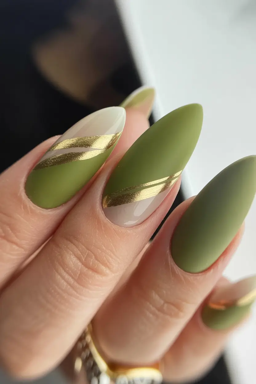 Stylish Neutral Fall Nails 2025 Olive Green Luxe with Metallic Stripes