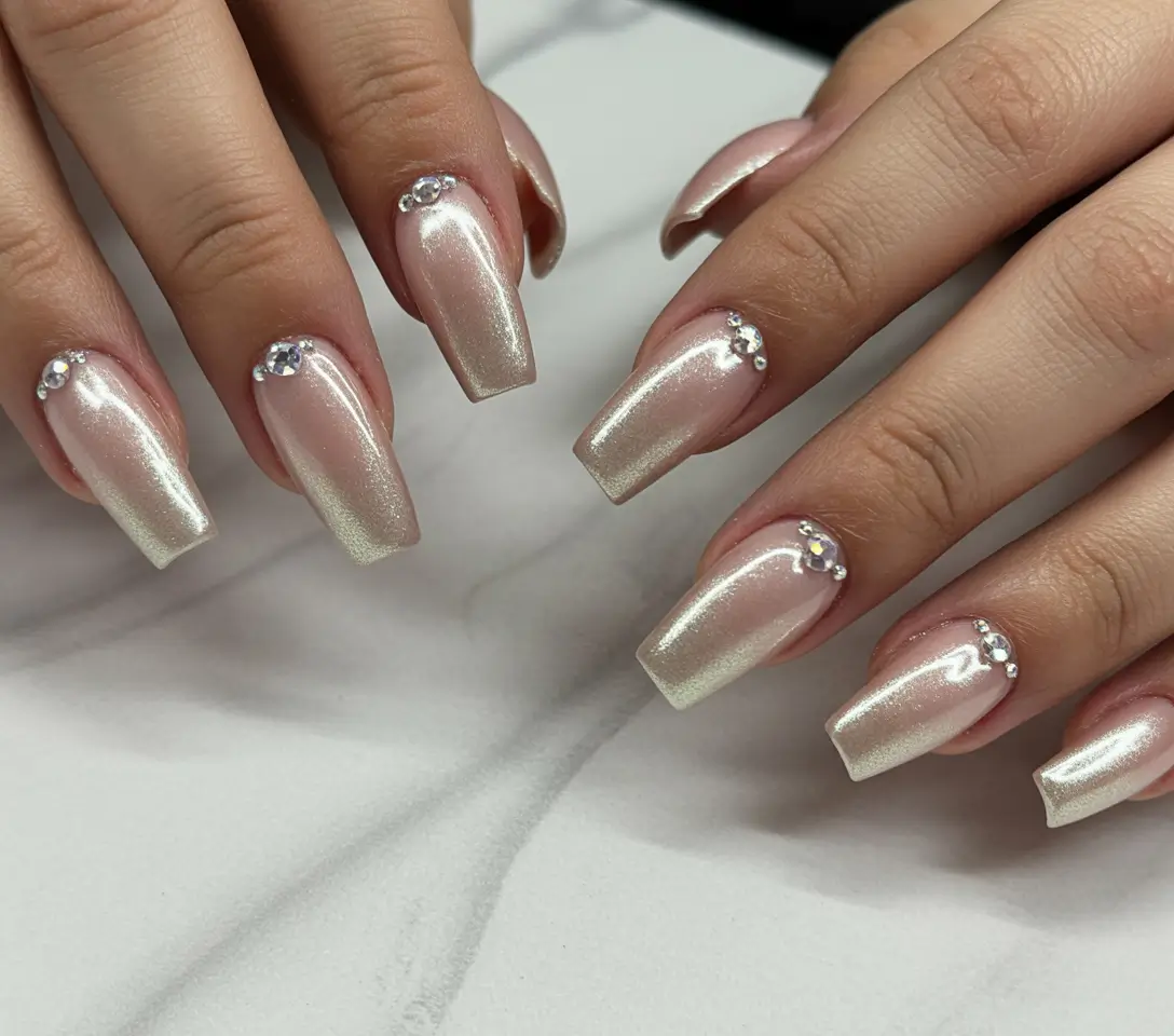 Stylish Neutral Fall Nails 2025 Pearl Chrome with Sparkling Gems