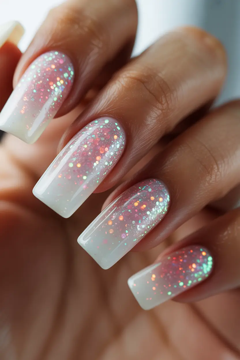 Stylish Neutral Fall Nails 2025 Shimmer Ombre with Glitter Layers