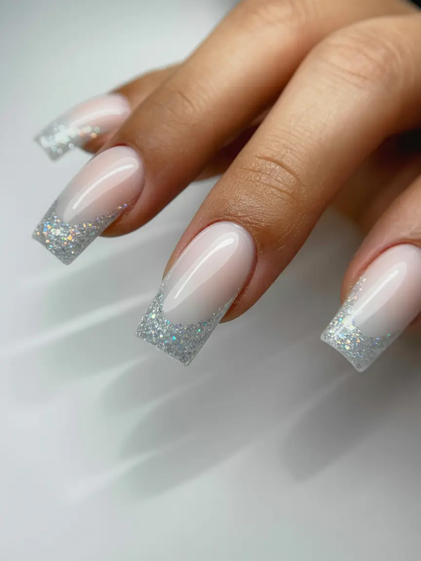 Stylish Neutral Fall Nails 2025 Silver Glitter French Tips