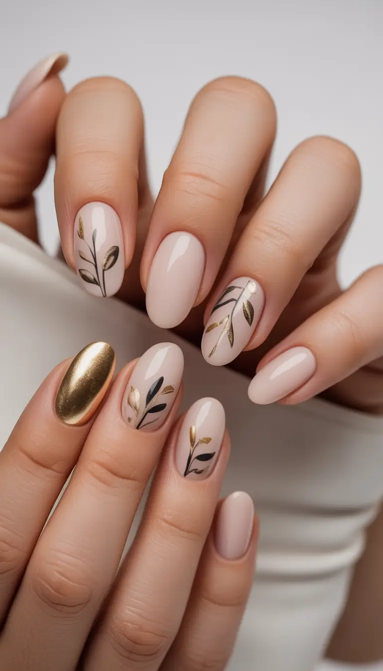 Stylish Neutral Fall Nails 2025 Botanical Accents with Metallic Touch