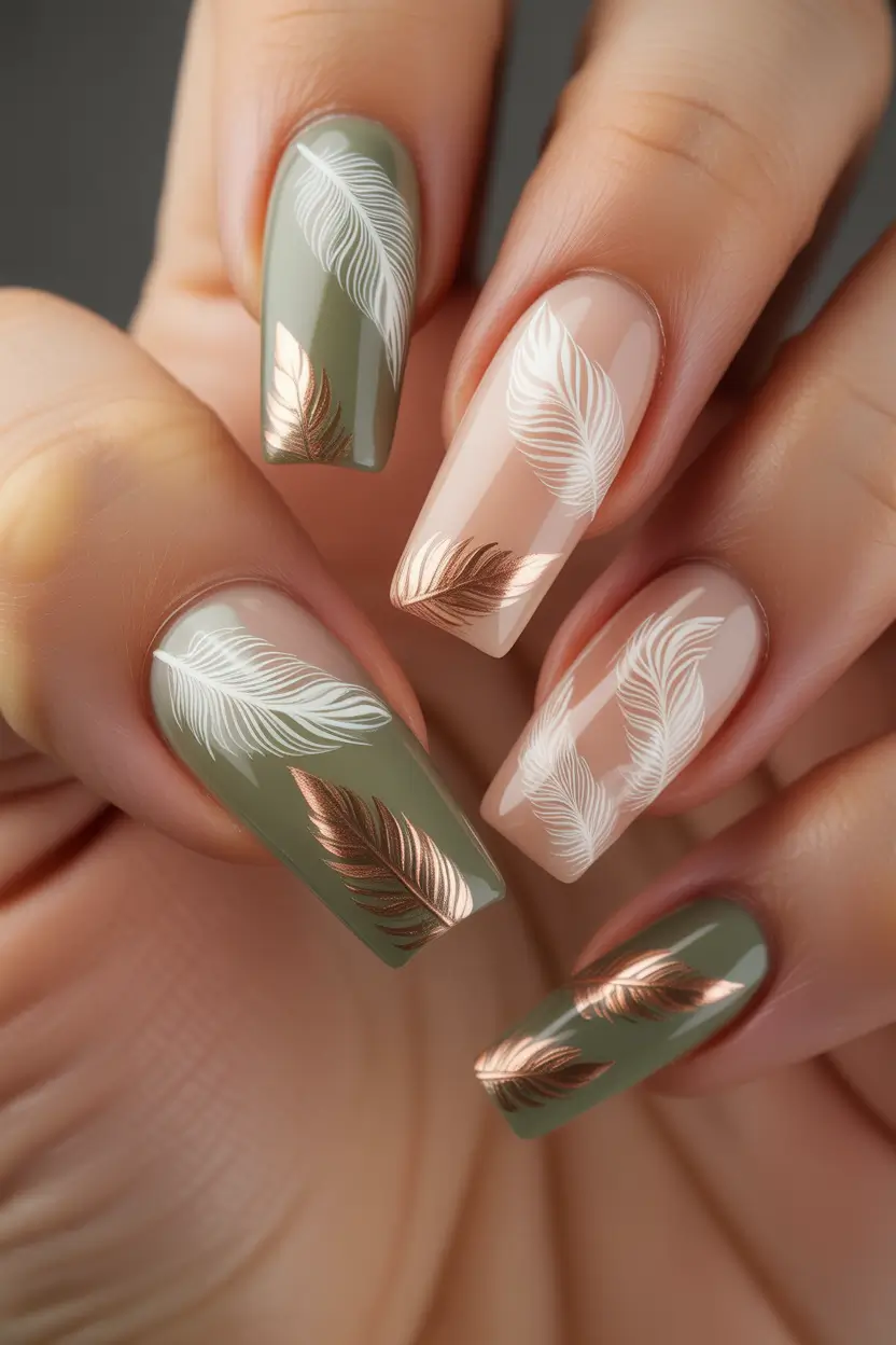 Stylish Neutral Fall Nails 2025 Olive Green with Feather Accents