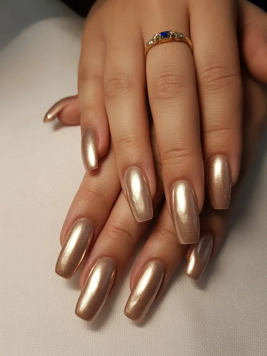 Stylish Neutral Fall Nails 2025 Champagne Chrome Shine