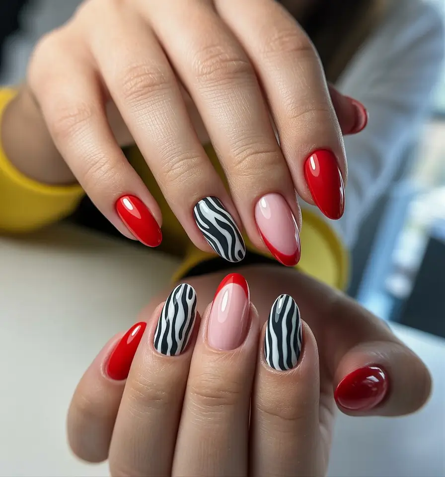 Stylish Red Fall Nails 2025 zebra stripes french tips