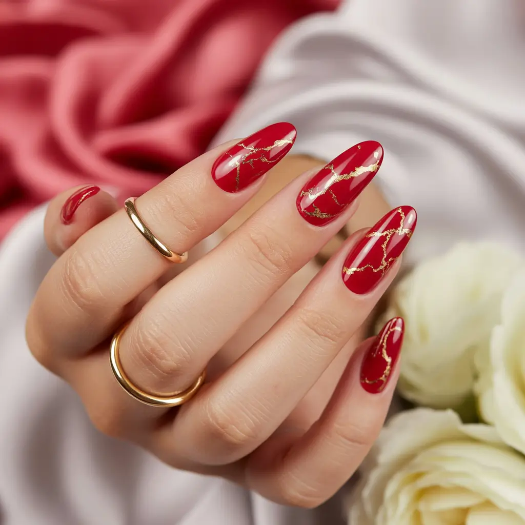 Stylish Red Fall Nails 2025 crimson gold veins