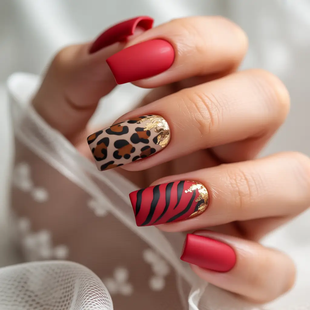 Stylish Red Fall Nails 2025 leopard matte mix