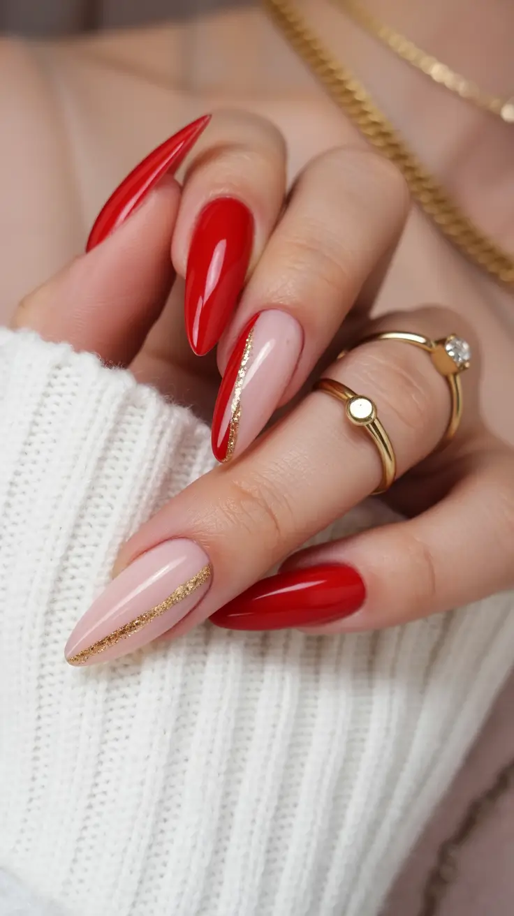 Stylish Red Fall Nails 2025 Golden Stripe Glam