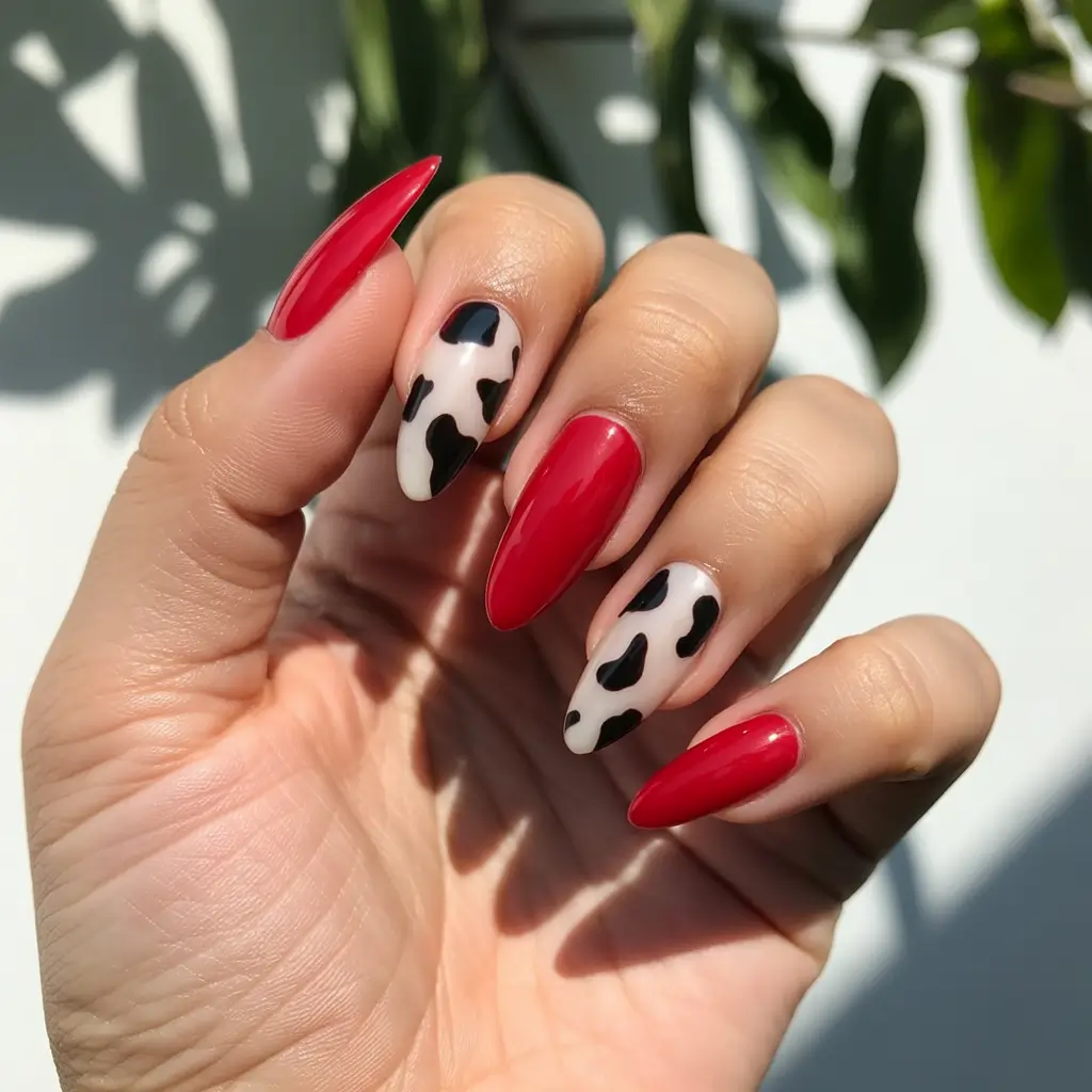 Stylish Red Fall Nails 2025 Playful Cow-Print Twist