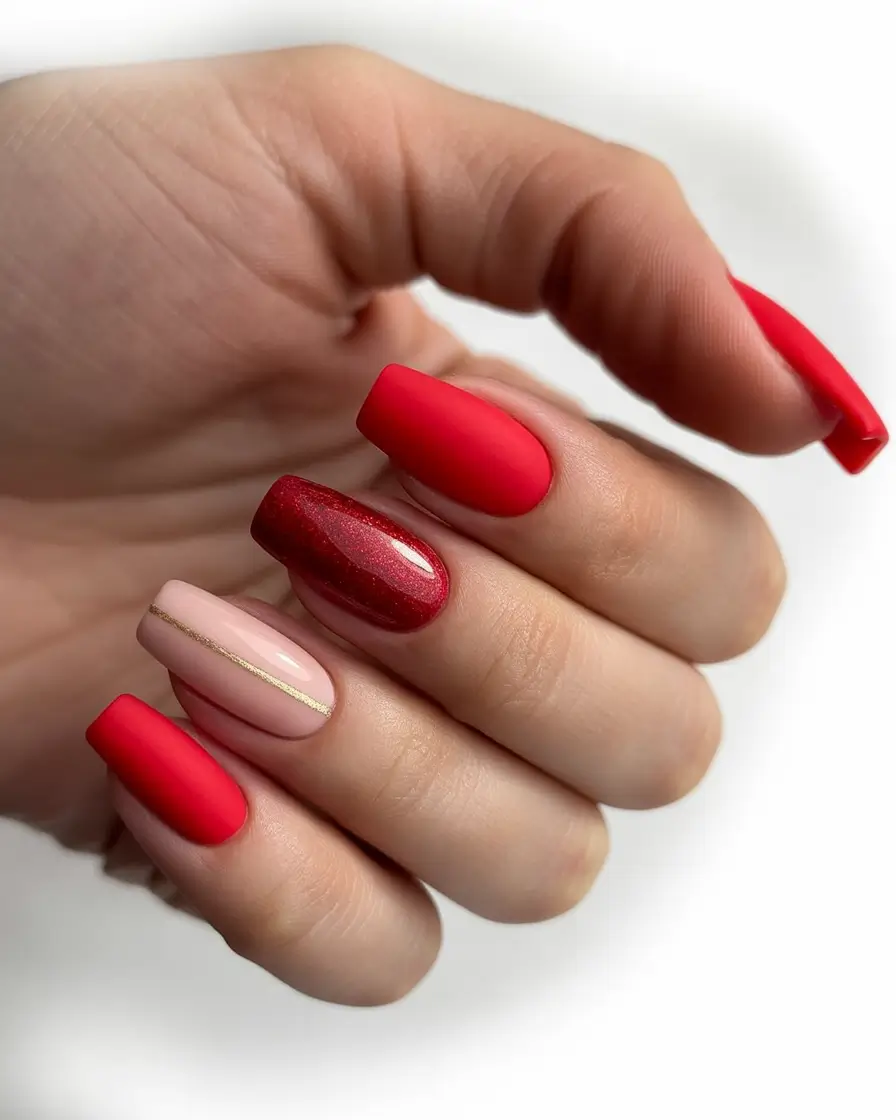 Stylish Red Fall Nails 2025 red shimmer gold accent