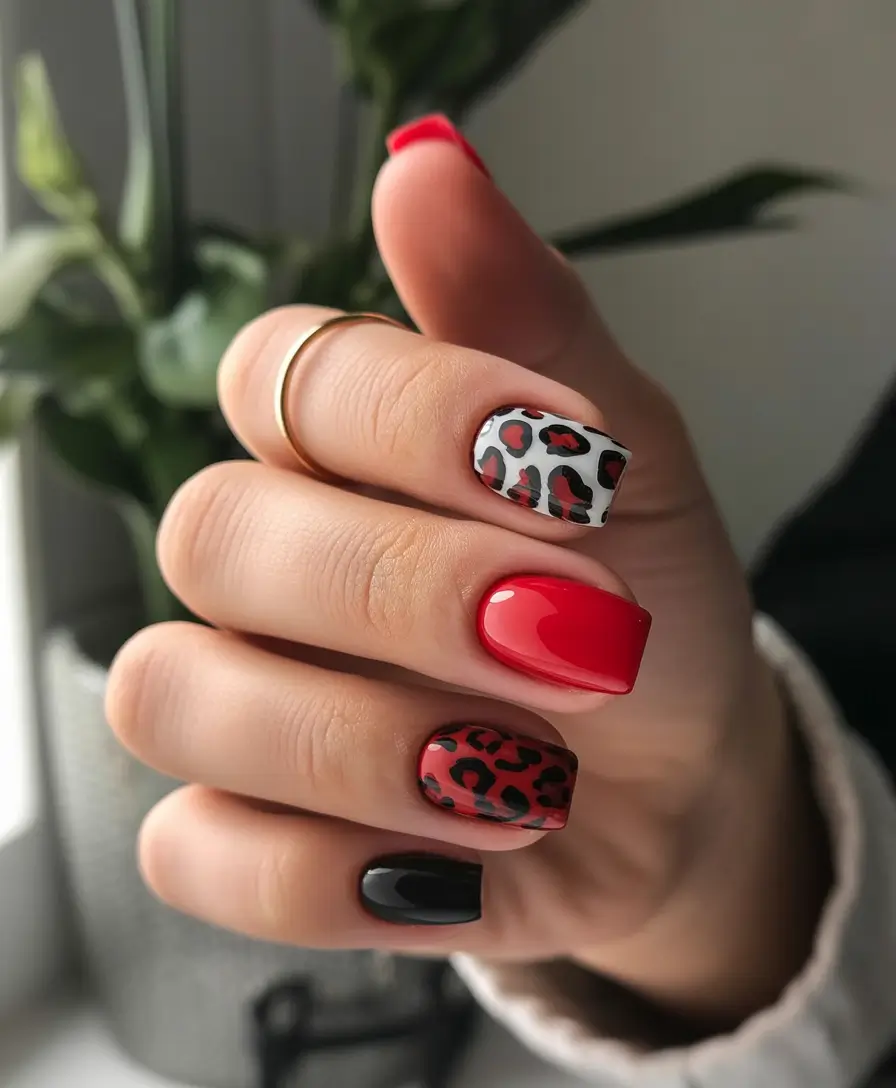 Stylish Red Fall Nails 2025 leopard glossy red fusion
