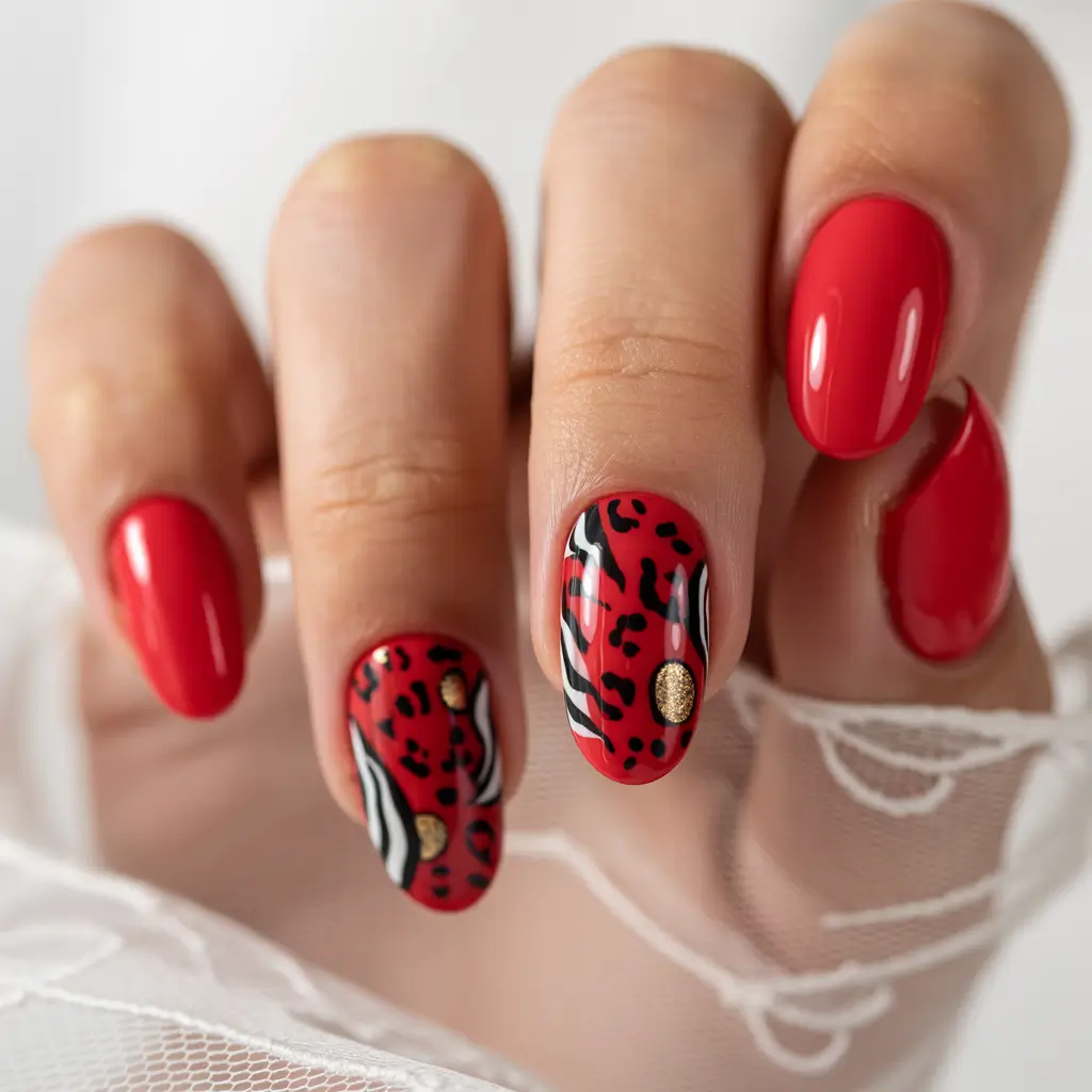 stylish red fall nails 2025 red animal print gold