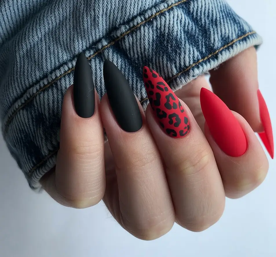 Stylish Red Fall Nails 2025 matte red black leopard