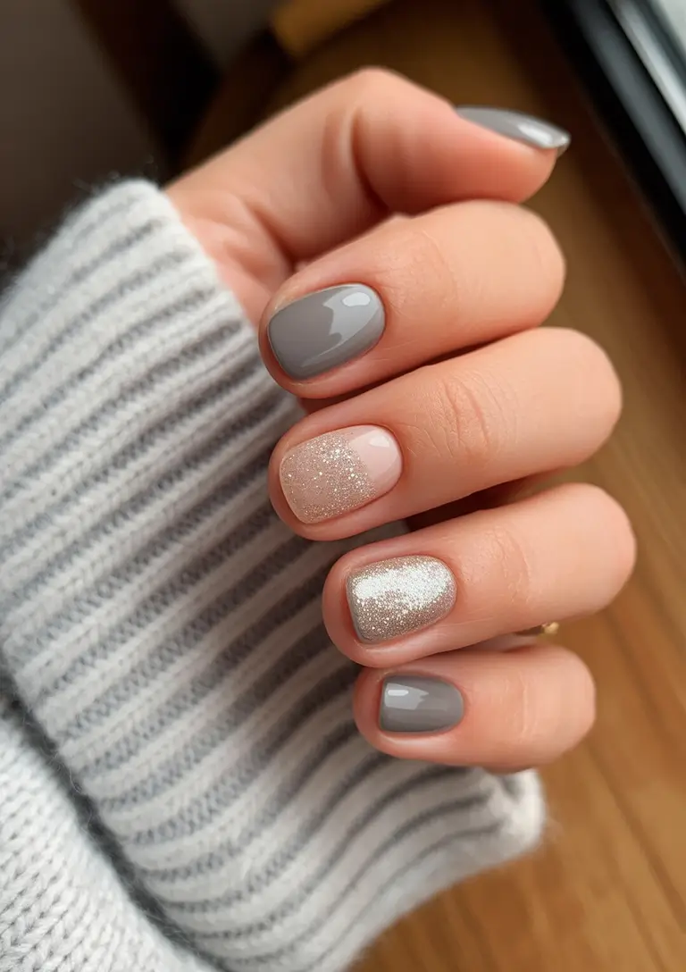 Stylish Round Fall Nails 2025 Soft Gray with Shimmer Accents