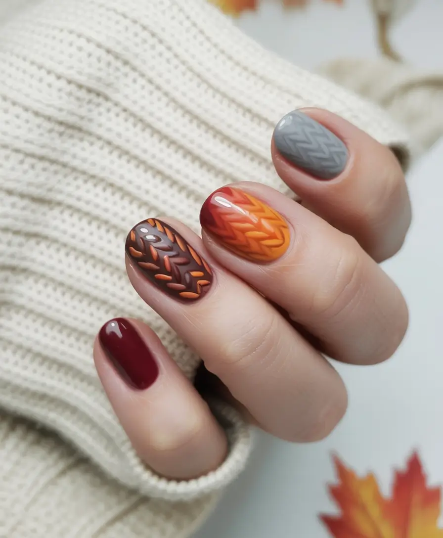 Stylish Round Fall Nails 2025 Knit Sweater Texture