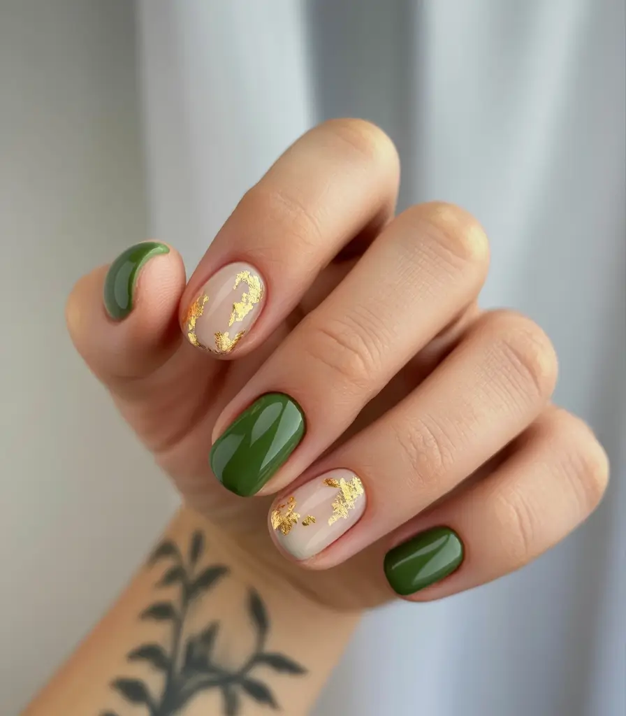 Stylish Round Fall Nails 2025 Forest Green with Gold Foil