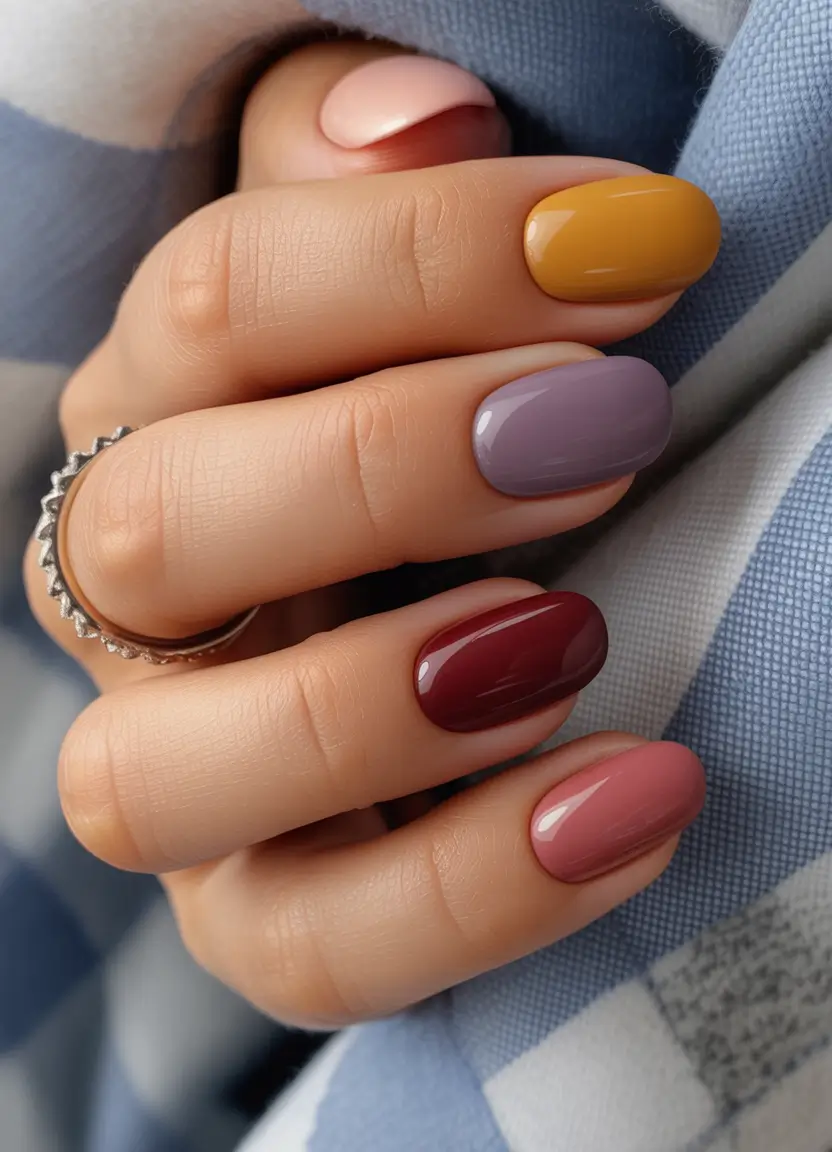Stylish Round Fall Nails 2025 Autumn Rainbow Palette