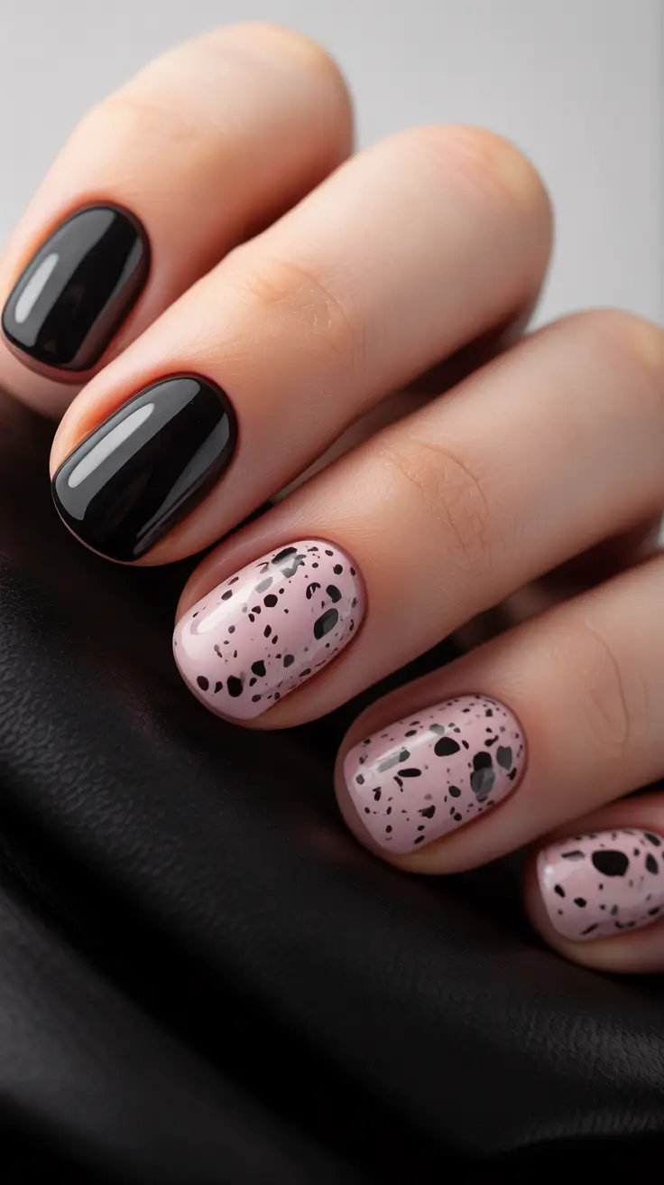 Stylish Round Fall Nails 2025 Glossy Black with Speckle Accent
