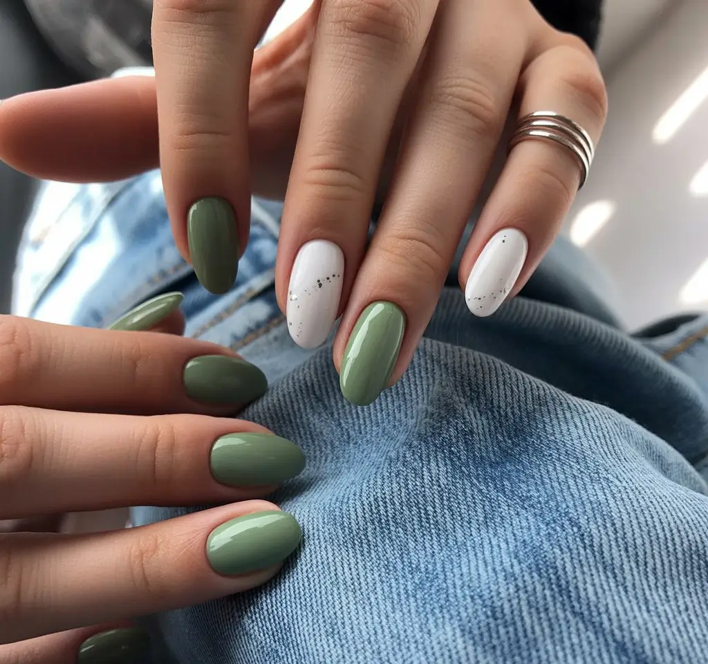 Stylish Round Fall Nails 2025 Earthy Green & White Accents