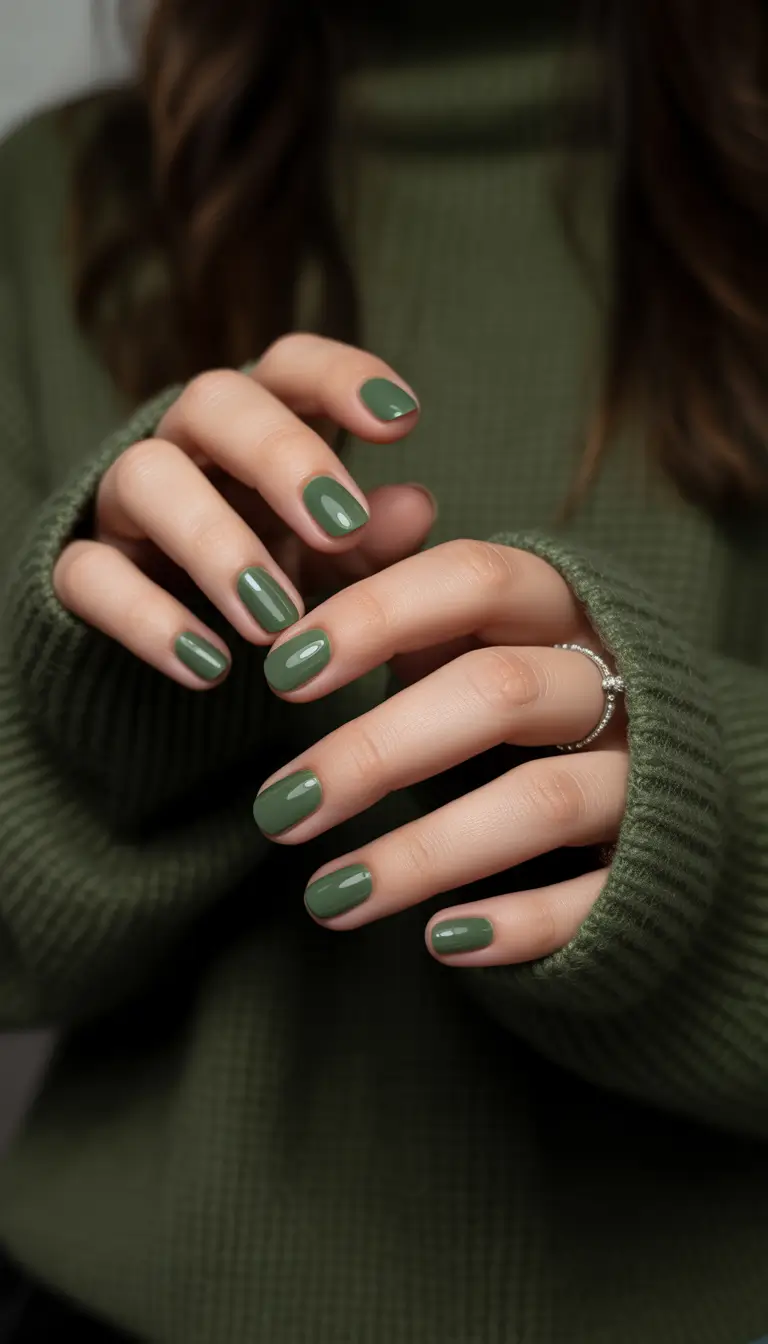 Stylish Round Fall Nails 2025 Forest Green Simplicity