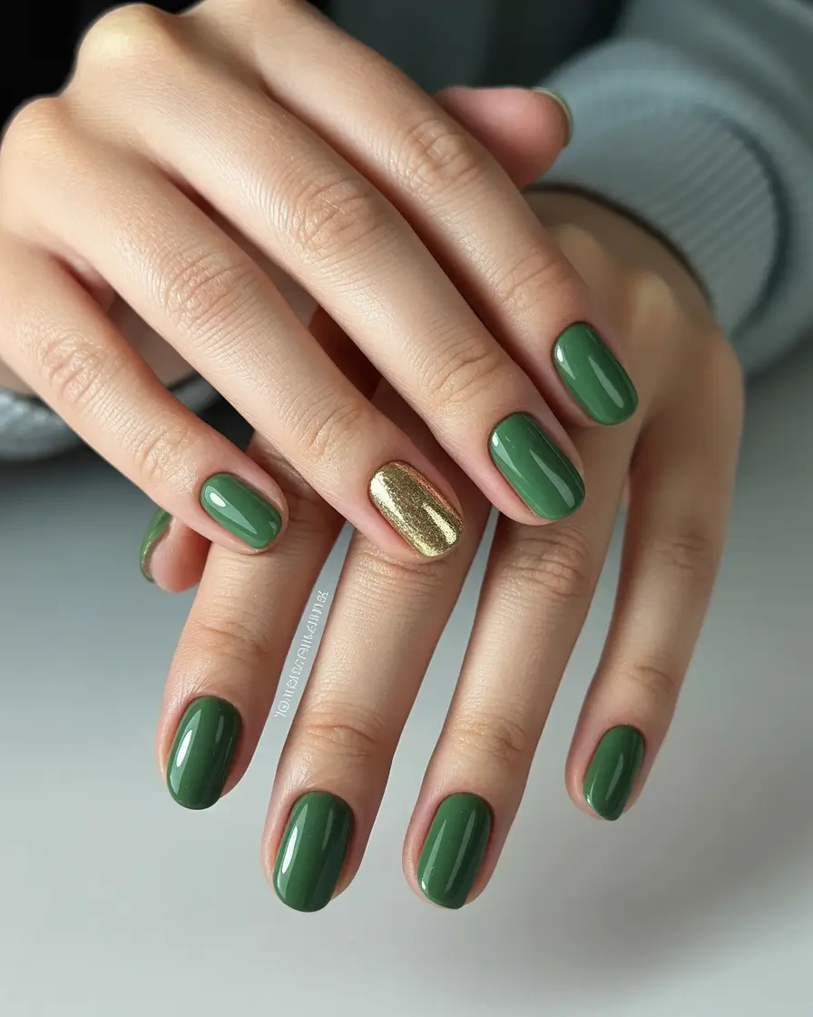 Stylish Round Fall Nails 2025 Green with a Golden Touch