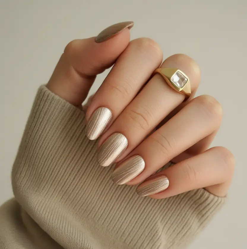 Stylish Round Fall Nails 2025 Champagne Metallic Stripes