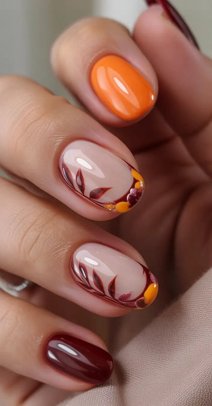 Stylish Round Fall Nails 2025 Autumn Leaves Art