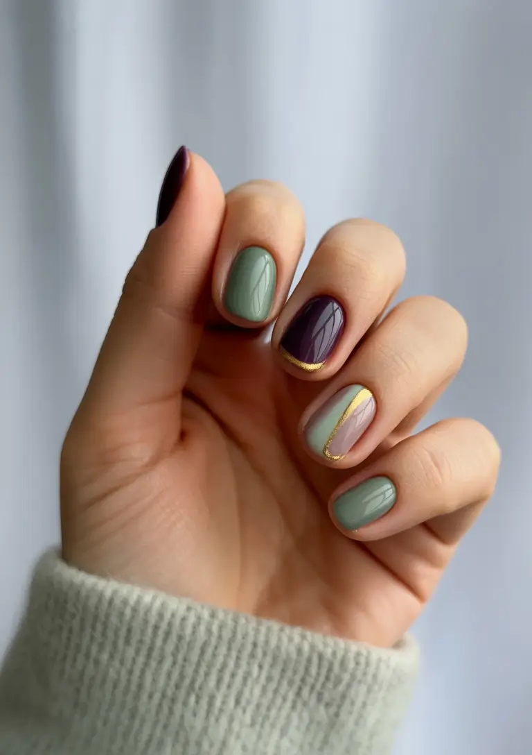 Stylish Round Fall Nails 2025 Muted Green and Plum Contrast