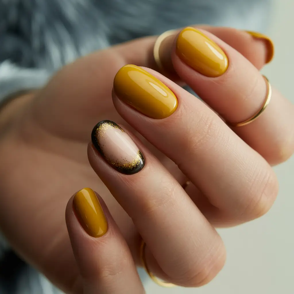 Stylish Round Fall Nails 2025 Mustard Gold with Dark Edge