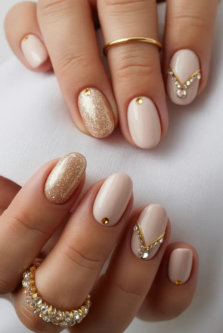 Stylish Round Fall Nails 2025 Champagne Nude with Jewels