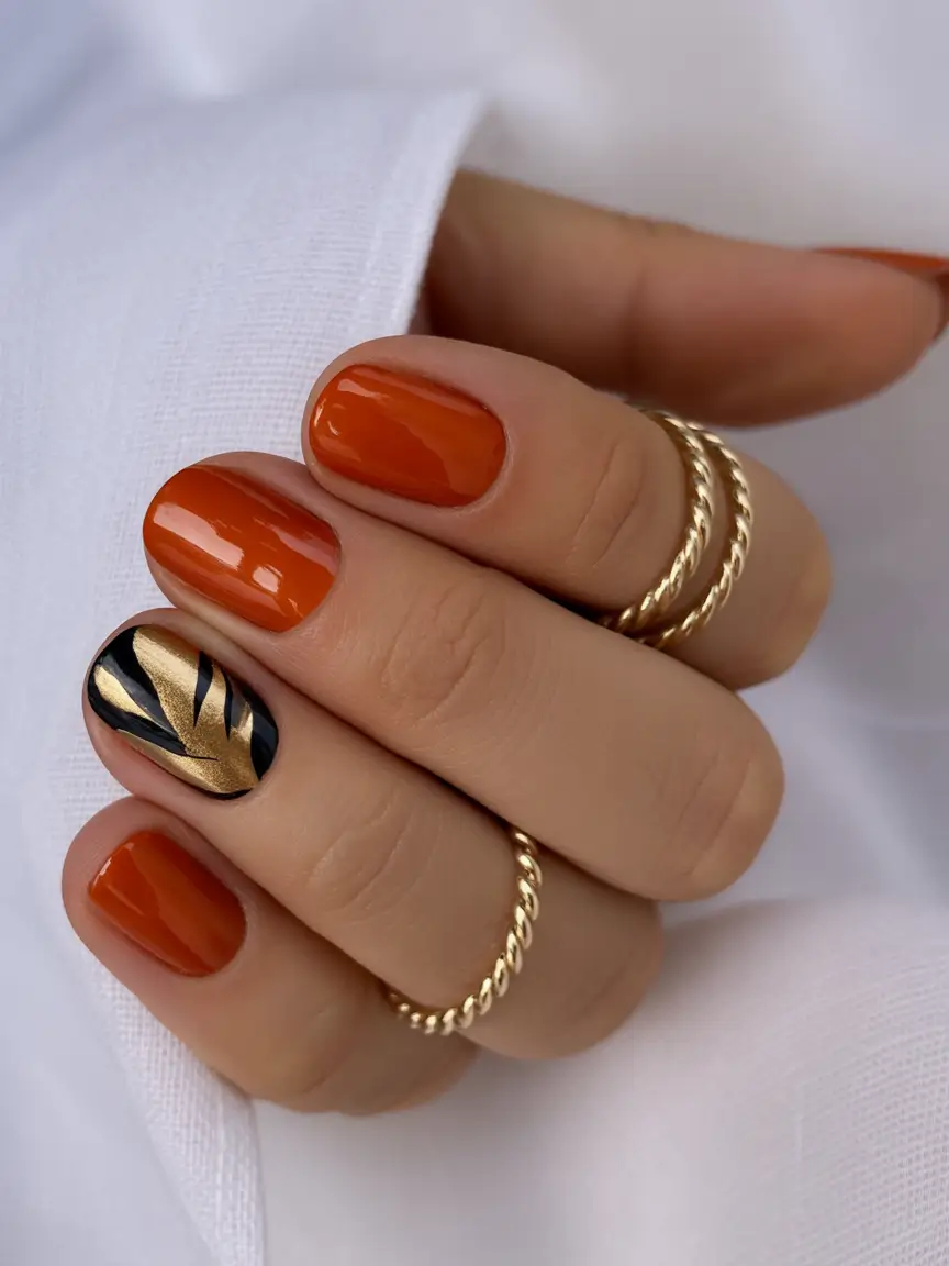 Stylish Round Fall Nails 2025 Burnt Orange with Golden Leaf