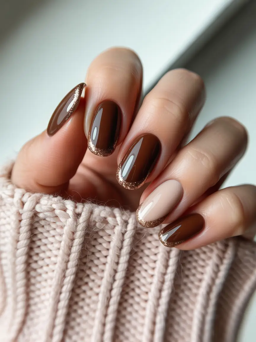 Stylish Round Fall Nails 2025 Mocha Brown French with Sparkle