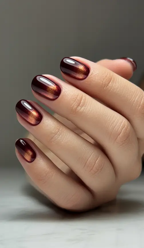 Stylish Round Fall Nails 2025 Wine-Toned Metallic Fade