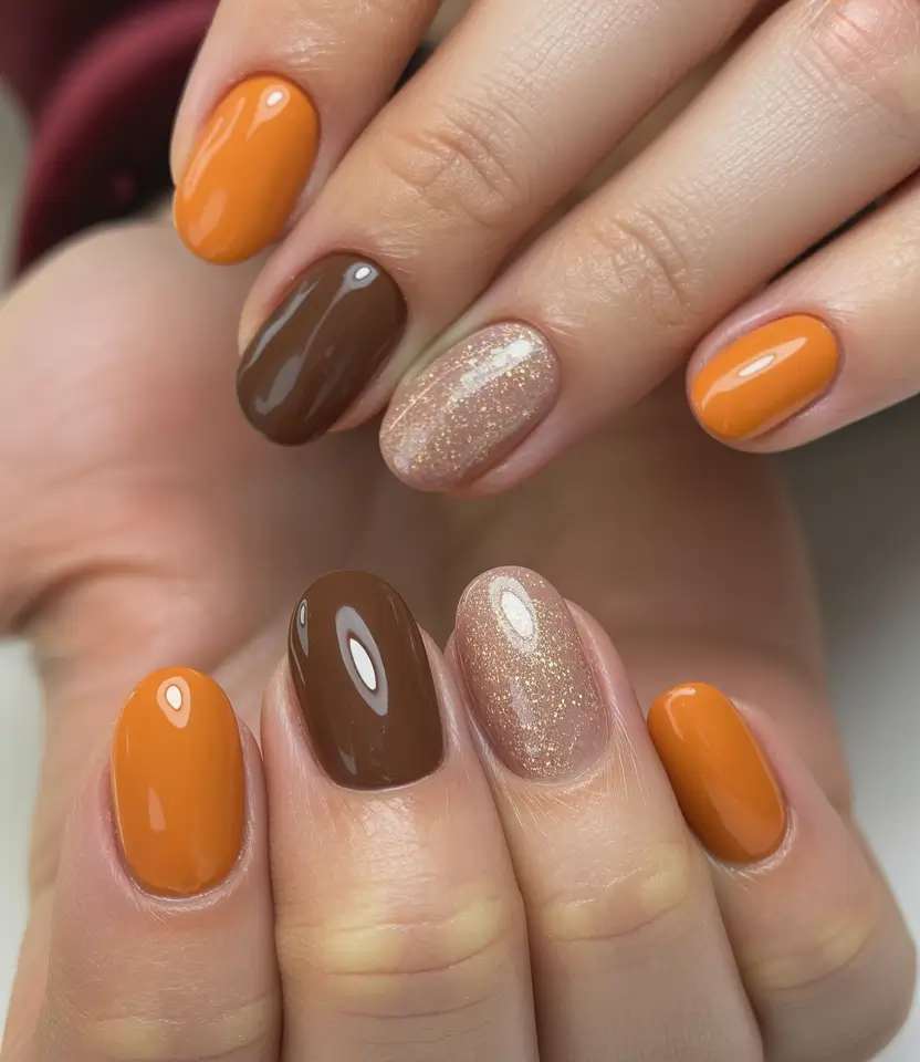 Stylish Round Fall Nails 2025 Warm Pumpkin and Cocoa Mix