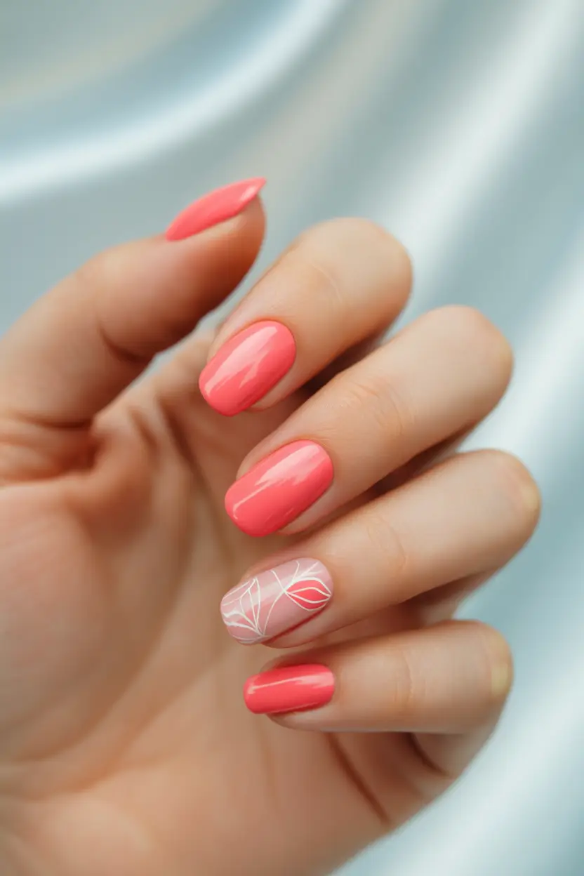 Stylish Round Fall Nails 2025 Coral Pink with Leaf Detail