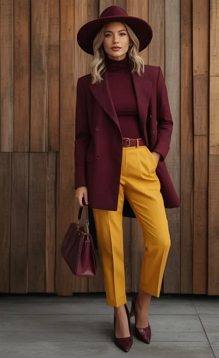 Top Fashion Trends Women for Fall 2025 Tailored Drama in Maroon and Mustard