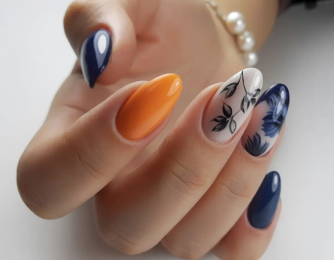 Trendy Fall Almond Nails 2025 Bold Navy and Orange Accent Almond Nails