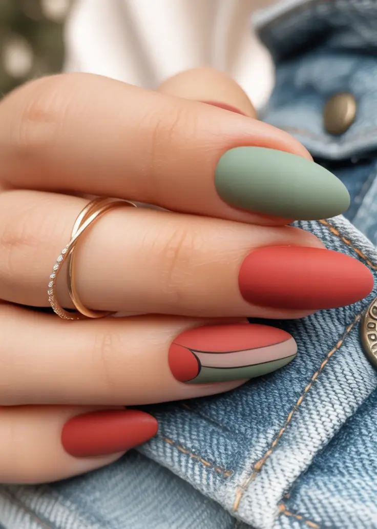 Trendy Fall Almond Nails 2025 Matte Green and Rusty Red Geometric